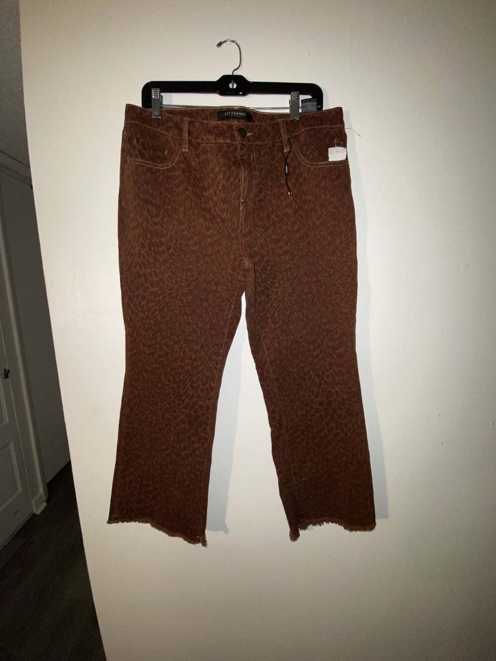 Liverpool Los Angeles Brown Leopard Print Cropped Raw Hem Flare Jeans